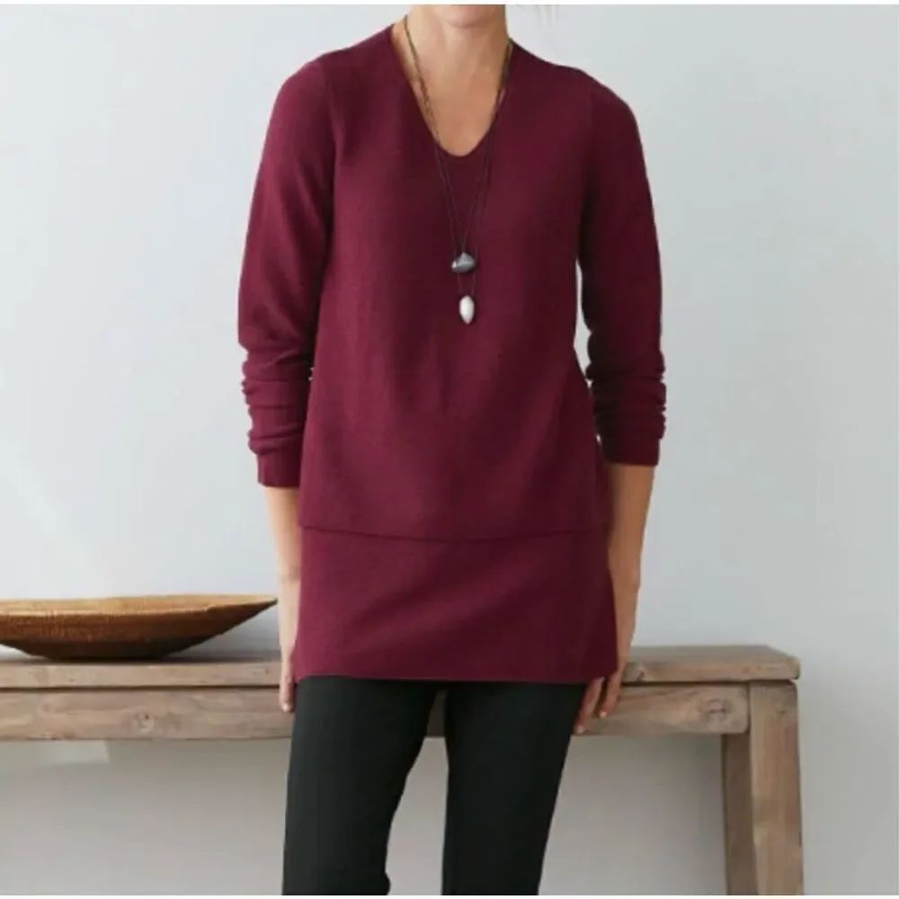 ✨J.JILL Pure Jill Layered V-Neck Tunic Sz XSPetite Burgundy Sweater✨